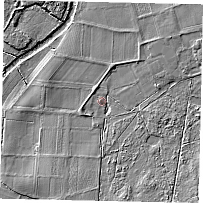 Shaded relief map of the ground around KT108LT, computed from Environment Agency LiDAR. The ground here sits at about 15 m above sea level and falls 6 m across the surrounding 800 m. Surface water reaching this point runs off ground lying to the east-south-east, 2.4 m higher.