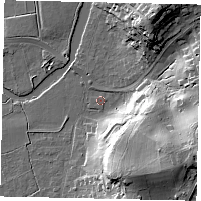 Shaded relief map of the ground around KT108NA, computed from Environment Agency LiDAR. The ground here sits at about 14 m above sea level and falls 37 m across the surrounding 800 m. Surface water reaching this point runs off ground lying to the south, 0.8 m higher.
