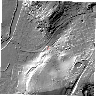 Shaded relief map of the ground around KT108PE, computed from Environment Agency LiDAR. The ground here sits at about 19 m above sea level and falls 41 m across the surrounding 800 m. Surface water reaching this point runs off ground lying to the south-east, 31.9 m higher.
