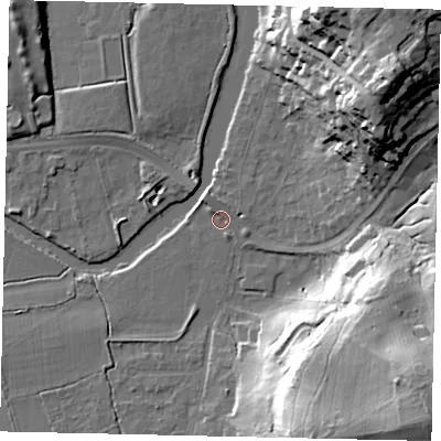 Shaded relief map of the ground around KT108PF, computed from Environment Agency LiDAR. The ground here sits at about 14 m above sea level and falls 35 m across the surrounding 800 m. Surface water reaching this point runs off ground lying to the south-east, 33.1 m higher.