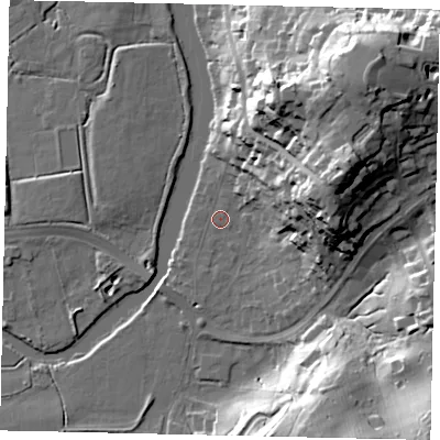 Shaded relief map of the ground around KT108PG, computed from Environment Agency LiDAR. The ground here sits at about 14 m above sea level and falls 35 m across the surrounding 800 m. Surface water reaching this point runs off ground lying to the north-east, 33.1 m higher.