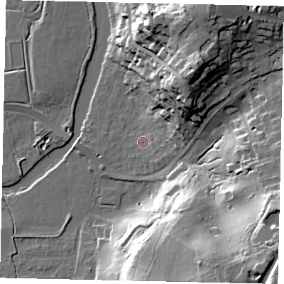 Shaded relief map of the ground around KT108PQ, computed from Environment Agency LiDAR. The ground here sits at about 14 m above sea level and falls 40 m across the surrounding 800 m. Surface water reaching this point runs off ground lying to the north-east, 16.0 m higher.