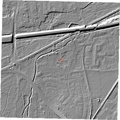 Shaded relief map of the ground around KT109AH, computed from Environment Agency LiDAR. The ground here sits at about 12 m above sea level and falls 8 m across the surrounding 800 m. Surface water reaching this point runs off ground lying to the south, 6.0 m higher.
