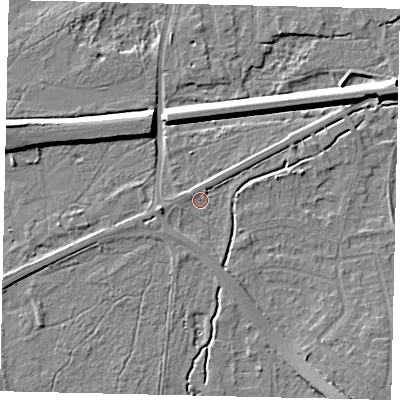 Shaded relief map of the ground around KT109AP, computed from Environment Agency LiDAR. The ground here sits at about 12 m above sea level and falls 9 m across the surrounding 800 m. Surface water reaching this point runs off ground lying to the west-south-west, 2.5 m higher.