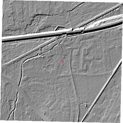 Shaded relief map of the ground around KT109AS, computed from Environment Agency LiDAR. The ground here sits at about 12 m above sea level and falls 8 m across the surrounding 800 m. Surface water reaching this point runs off ground lying to the south, 5.7 m higher.