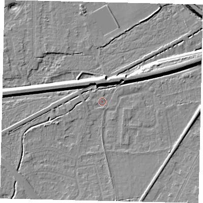 Shaded relief map of the ground around KT109AT, computed from Environment Agency LiDAR. The ground here sits at about 12 m above sea level and falls 9 m across the surrounding 800 m. Surface water reaching this point runs off ground lying to the south, 4.5 m higher.