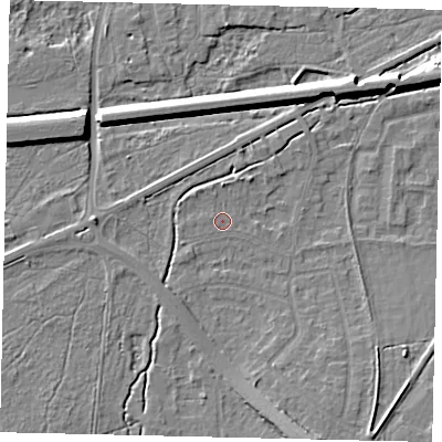 Shaded relief map of the ground around KT109AU, computed from Environment Agency LiDAR. The ground here sits at about 12 m above sea level and falls 10 m across the surrounding 800 m. Surface water reaching this point runs off ground lying to the north, 1.5 m higher.
