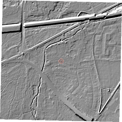 Shaded relief map of the ground around KT109AX, computed from Environment Agency LiDAR. The ground here sits at about 12 m above sea level and falls 12 m across the surrounding 800 m. Surface water reaching this point runs off ground lying to the west, 1.3 m higher.