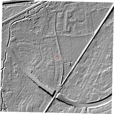 Shaded relief map of the ground around KT109AY, computed from Environment Agency LiDAR. The ground here sits at about 13 m above sea level and falls 13 m across the surrounding 800 m. Surface water reaching this point runs off ground lying to the south, 8.8 m higher.