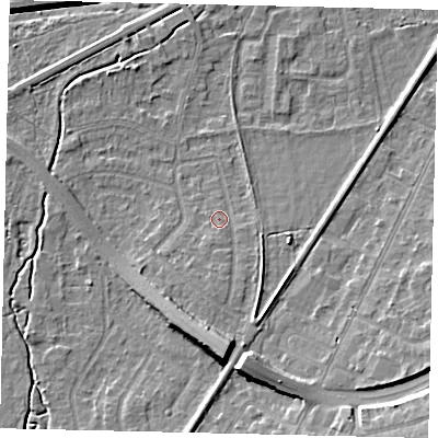 Shaded relief map of the ground around KT109AZ, computed from Environment Agency LiDAR. The ground here sits at about 14 m above sea level and falls 13 m across the surrounding 800 m. Surface water reaching this point runs off ground lying to the south, 2.1 m higher.