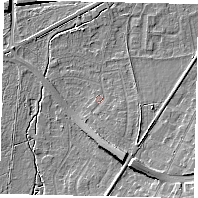 Shaded relief map of the ground around KT109BB, computed from Environment Agency LiDAR. The ground here sits at about 13 m above sea level and falls 12 m across the surrounding 800 m. Surface water reaching this point runs off ground lying to the south-south-east, 7.1 m higher.