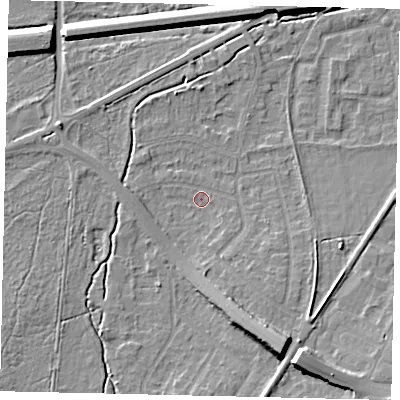 Shaded relief map of the ground around KT109BD, computed from Environment Agency LiDAR. The ground here sits at about 12 m above sea level and falls 12 m across the surrounding 800 m. Surface water reaching this point runs off ground lying to the south-south-east, 9.7 m higher.