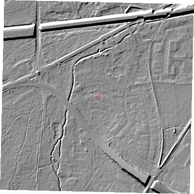 Shaded relief map of the ground around KT109BE, computed from Environment Agency LiDAR. The ground here sits at about 13 m above sea level and falls 12 m across the surrounding 800 m. Surface water reaching this point runs off ground lying to the south-south-east, 9.9 m higher.