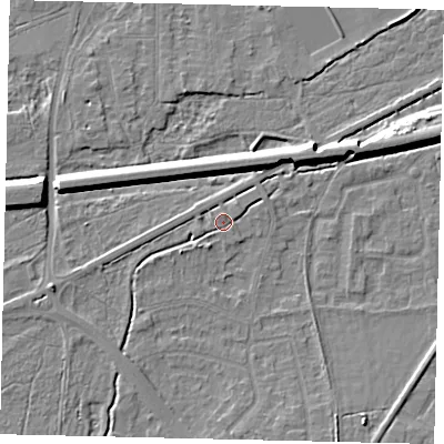 Shaded relief map of the ground around KT109BF, computed from Environment Agency LiDAR. The ground here sits at about 12 m above sea level and falls 8 m across the surrounding 800 m. Surface water reaching this point runs off ground lying to the west-south-west, 3.6 m higher.