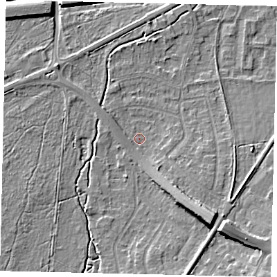 Shaded relief map of the ground around KT109BG, computed from Environment Agency LiDAR. The ground here sits at about 13 m above sea level and falls 12 m across the surrounding 800 m. Surface water reaching this point runs off ground lying to the south-east, 9.6 m higher.