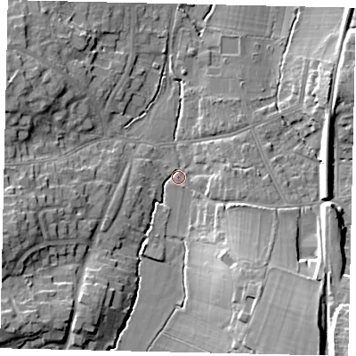 Shaded relief map of the ground around KT109BS, computed from Environment Agency LiDAR. The ground here sits at about 18 m above sea level and falls 17 m across the surrounding 800 m. Surface water reaching this point runs off ground lying to the south-east, 15.0 m higher.