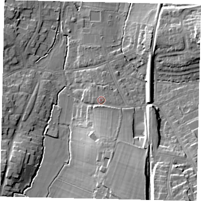 Shaded relief map of the ground around KT109BT, computed from Environment Agency LiDAR. The ground here sits at about 21 m above sea level and falls 18 m across the surrounding 800 m. Surface water reaching this point runs off ground lying to the south-south-east, 6.6 m higher.