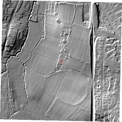 Shaded relief map of the ground around KT109BU, computed from Environment Agency LiDAR. The ground here sits at about 24 m above sea level and falls 23 m across the surrounding 800 m. Surface water reaching this point runs off ground lying to the east-north-east, 8.9 m higher.
