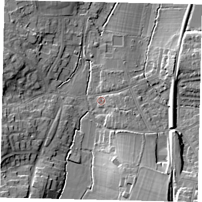 Shaded relief map of the ground around KT109DB, computed from Environment Agency LiDAR. The ground here sits at about 19 m above sea level and falls 16 m across the surrounding 800 m. Surface water reaching this point runs off ground lying to the south-south-east, 11.3 m higher.
