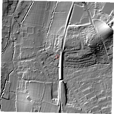 Shaded relief map of the ground around KT109DD, computed from Environment Agency LiDAR. The ground here sits at about 21 m above sea level and falls 22 m across the surrounding 800 m. Surface water reaching this point runs off ground lying to the east-north-east, 19.3 m higher.