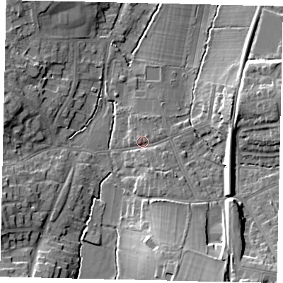 Shaded relief map of the ground around KT109DE, computed from Environment Agency LiDAR. The ground here sits at about 19 m above sea level and falls 14 m across the surrounding 800 m. Surface water reaching this point runs off ground lying to the south-east, 2.8 m higher.