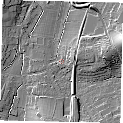 Shaded relief map of the ground around KT109DF, computed from Environment Agency LiDAR. The ground here sits at about 20 m above sea level and falls 19 m across the surrounding 800 m. Surface water reaching this point runs off ground lying to the east-north-east, 6.5 m higher.