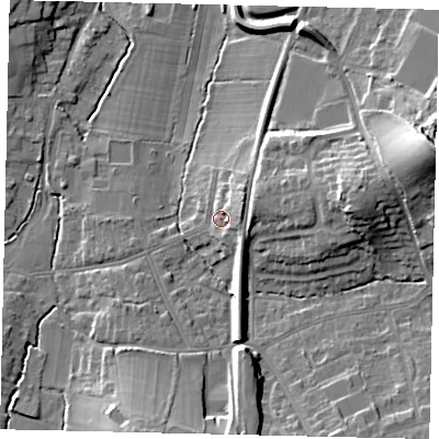 Shaded relief map of the ground around KT109DG, computed from Environment Agency LiDAR. The ground here sits at about 22 m above sea level and falls 22 m across the surrounding 800 m. Surface water reaching this point runs off ground lying to the east-north-east, 4.9 m higher.