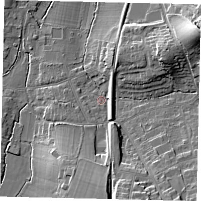 Shaded relief map of the ground around KT109DH, computed from Environment Agency LiDAR. The ground here sits at about 20 m above sea level and falls 21 m across the surrounding 800 m. Surface water reaching this point runs off ground lying to the north-east, 17.6 m higher.