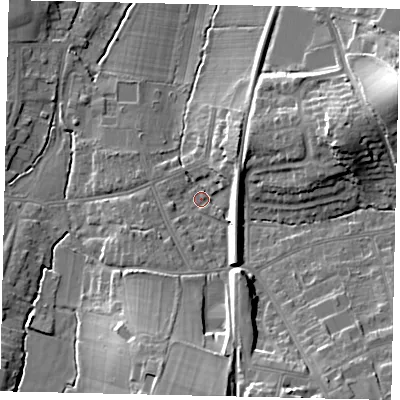 Shaded relief map of the ground around KT109DJ, computed from Environment Agency LiDAR. The ground here sits at about 19 m above sea level and falls 19 m across the surrounding 800 m. Surface water reaching this point runs off ground lying to the south, 12.4 m higher.