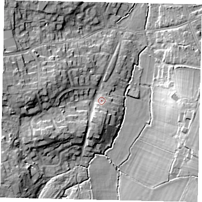 Shaded relief map of the ground around KT109EG, computed from Environment Agency LiDAR. The ground here sits at about 21 m above sea level and falls 15 m across the surrounding 800 m. Surface water reaching this point runs off ground lying to the west, 10.6 m higher.
