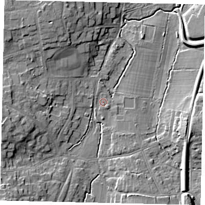Shaded relief map of the ground around KT109FP, computed from Environment Agency LiDAR. The ground here sits at about 18 m above sea level and falls 14 m across the surrounding 800 m. Surface water reaching this point runs off ground lying to the south-west, 11.4 m higher.