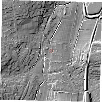 Shaded relief map of the ground around KT109FS, computed from Environment Agency LiDAR. The ground here sits at about 18 m above sea level and falls 13 m across the surrounding 800 m. Surface water reaching this point runs off ground lying to the south-west, 10.5 m higher.