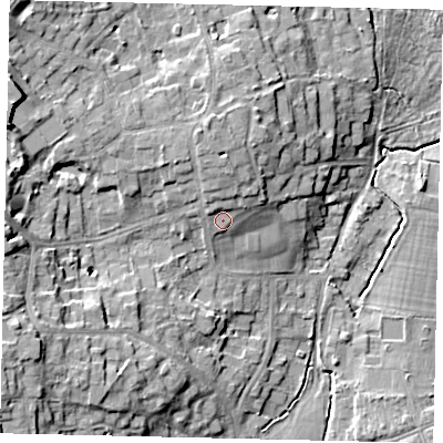 Shaded relief map of the ground around KT109NU, computed from Environment Agency LiDAR. The ground here sits at about 23 m above sea level and falls 16 m across the surrounding 800 m. Surface water reaching this point runs off ground lying to the north-north-west, 1.8 m higher.