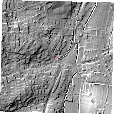Shaded relief map of the ground around KT109PA, computed from Environment Agency LiDAR. The ground here sits at about 18 m above sea level and falls 16 m across the surrounding 800 m. Surface water reaching this point runs off ground lying to the west-north-west, 11.1 m higher.