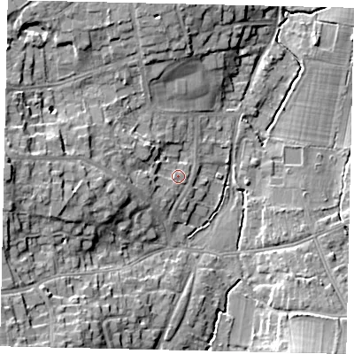 Shaded relief map of the ground around KT109PB, computed from Environment Agency LiDAR. The ground here sits at about 20 m above sea level and falls 17 m across the surrounding 800 m. Surface water reaching this point runs off ground lying to the west, 4.8 m higher.