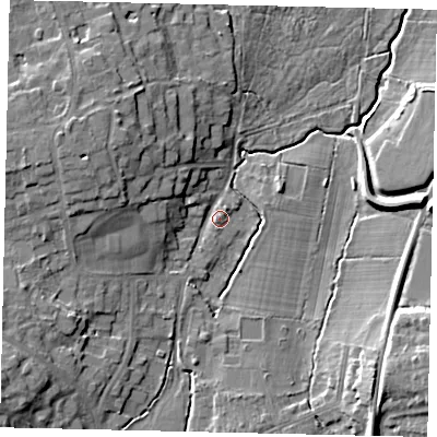 Shaded relief map of the ground around KT109PD, computed from Environment Agency LiDAR. The ground here sits at about 17 m above sea level and falls 13 m across the surrounding 800 m. Surface water reaching this point runs off ground lying to the west-north-west, 9.4 m higher.