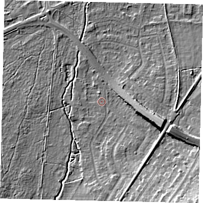 Shaded relief map of the ground around KT109TB, computed from Environment Agency LiDAR. The ground here sits at about 13 m above sea level and falls 12 m across the surrounding 800 m. Surface water reaching this point runs off ground lying to the east-south-east, 9.0 m higher.