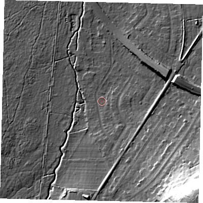Shaded relief map of the ground around KT109TD, computed from Environment Agency LiDAR. The ground here sits at about 14 m above sea level and falls 36 m across the surrounding 800 m. Surface water reaching this point runs off ground lying to the south-south-east, 4.4 m higher.