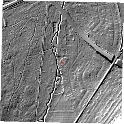Shaded relief map of the ground around KT109TE, computed from Environment Agency LiDAR. The ground here sits at about 14 m above sea level and falls 20 m across the surrounding 800 m. Surface water reaching this point runs off ground lying to the east, 0.6 m higher.