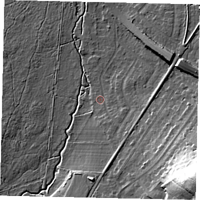 Shaded relief map of the ground around KT109TF, computed from Environment Agency LiDAR. The ground here sits at about 14 m above sea level and falls 35 m across the surrounding 800 m. Surface water reaching this point runs off ground lying to the south-south-east, 4.2 m higher.