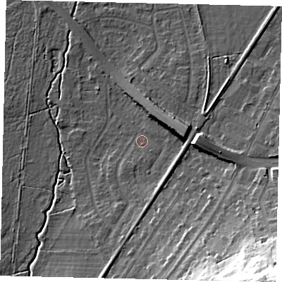 Shaded relief map of the ground around KT109TH, computed from Environment Agency LiDAR. The ground here sits at about 14 m above sea level and falls 35 m across the surrounding 800 m. Surface water reaching this point runs off ground lying to the east, 8.3 m higher.
