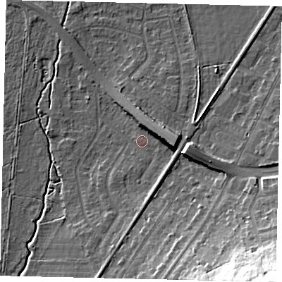 Shaded relief map of the ground around KT109TJ, computed from Environment Agency LiDAR. The ground here sits at about 15 m above sea level and falls 34 m across the surrounding 800 m. Surface water reaching this point runs off ground lying to the east, 8.2 m higher.