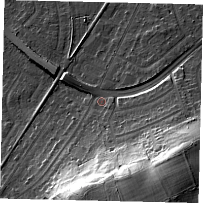 Shaded relief map of the ground around KT109TL, computed from Environment Agency LiDAR. The ground here sits at about 18 m above sea level and falls 38 m across the surrounding 800 m. Surface water reaching this point runs off ground lying to the south-south-east, 3.1 m higher.