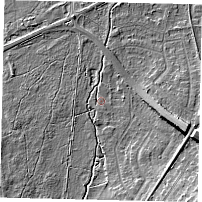 Shaded relief map of the ground around KT109TN, computed from Environment Agency LiDAR. The ground here sits at about 13 m above sea level and falls 11 m across the surrounding 800 m. Surface water reaching this point runs off ground lying to the east-south-east, 10.5 m higher.