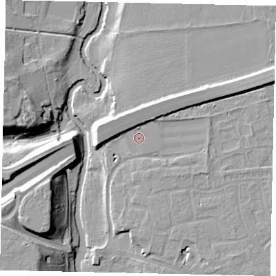 Shaded relief map of the ground around KT111HW, computed from Environment Agency LiDAR. The ground here sits at about 20 m above sea level and falls 20 m across the surrounding 800 m. Surface water reaching this point runs off ground lying to the north-west, 4.1 m higher.