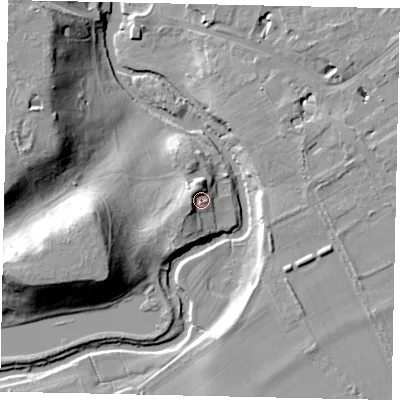 Shaded relief map of the ground around KT111JE, computed from Environment Agency LiDAR. The ground here sits at about 19 m above sea level and falls 20 m across the surrounding 800 m. Surface water reaching this point runs off ground lying to the north-north-west, 5.7 m higher.