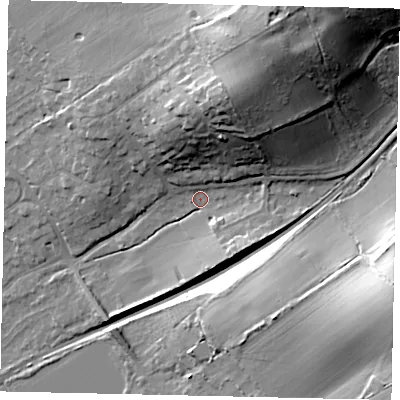 Shaded relief map of the ground around KT112SF, computed from Environment Agency LiDAR. The ground here sits at about 30 m above sea level and falls 33 m across the surrounding 800 m. Surface water reaching this point runs off ground lying to the north-north-east, 28.7 m higher.