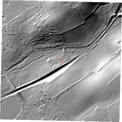 Shaded relief map of the ground around KT112SJ, computed from Environment Agency LiDAR. The ground here sits at about 32 m above sea level and falls 31 m across the surrounding 800 m. Surface water reaching this point runs off ground lying to the south-west, 3.9 m higher.