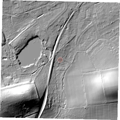 Shaded relief map of the ground around KT112SR, computed from Environment Agency LiDAR. The ground here sits at about 37 m above sea level and falls 26 m across the surrounding 800 m. Surface water reaching this point runs off ground lying to the north-north-west, 3.2 m higher.