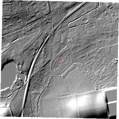 Shaded relief map of the ground around KT112SU, computed from Environment Agency LiDAR. The ground here sits at about 38 m above sea level and falls 23 m across the surrounding 800 m. Surface water reaching this point runs off ground lying to the north-east, 3.3 m higher.